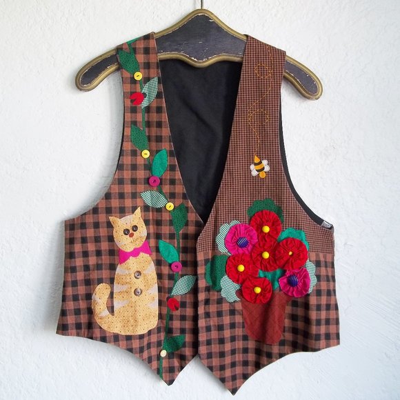 Vintage Unbranded Jackets & Blazers - Vintage CRAFTCORE Kitsch Ditsy Floral Cat Scrunchie Flower Check Waistcoat Vest